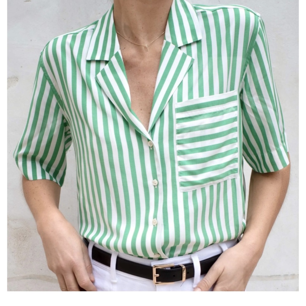 AYR Pool Boy M Romaine Green and White Striped Silk Top